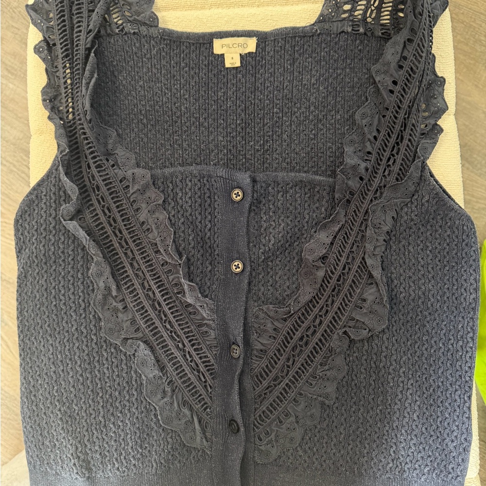 Anthropologie Pilco Black Lace-Trim Button Front Sleeveless Top - Picture 2 of 3